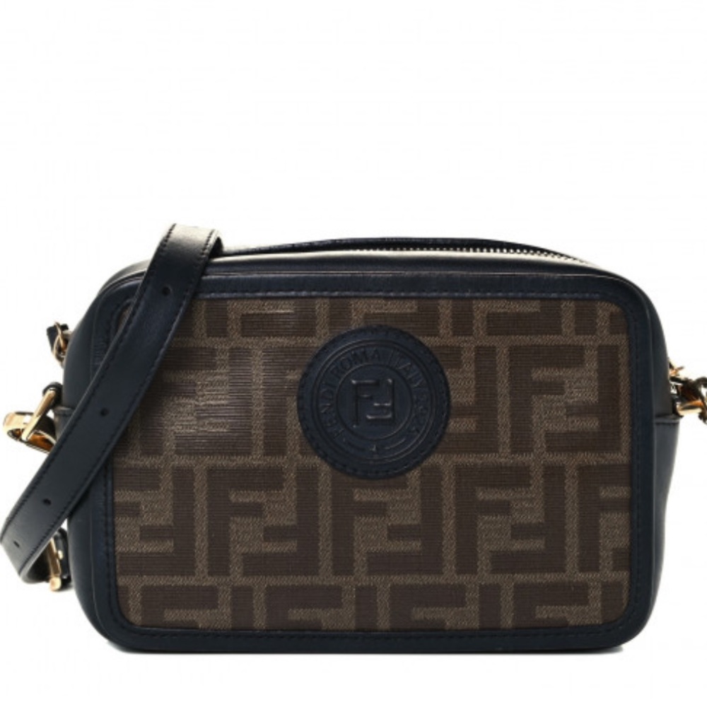 Auth Fendi Glazed Fabric Calfskin FF 1974 Stamp Patch Mini Camera Case Mogano